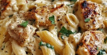 Creamy ricotta chicken pasta dish with chicken and herbs on a plate