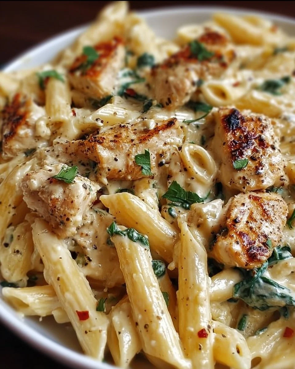 Creamy ricotta chicken pasta dish with chicken and herbs on a plate