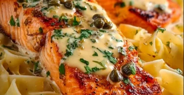 Creamy salmon piccata with lemon and capers served on a plate