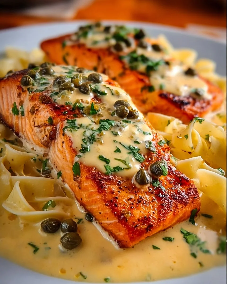 Creamy salmon piccata with lemon and capers served on a plate
