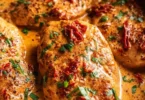 Plate of creamy sun-dried tomato garlic chicken garnished with herbs.