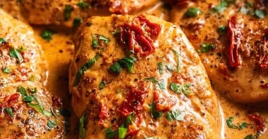 Plate of creamy sun-dried tomato garlic chicken garnished with herbs.