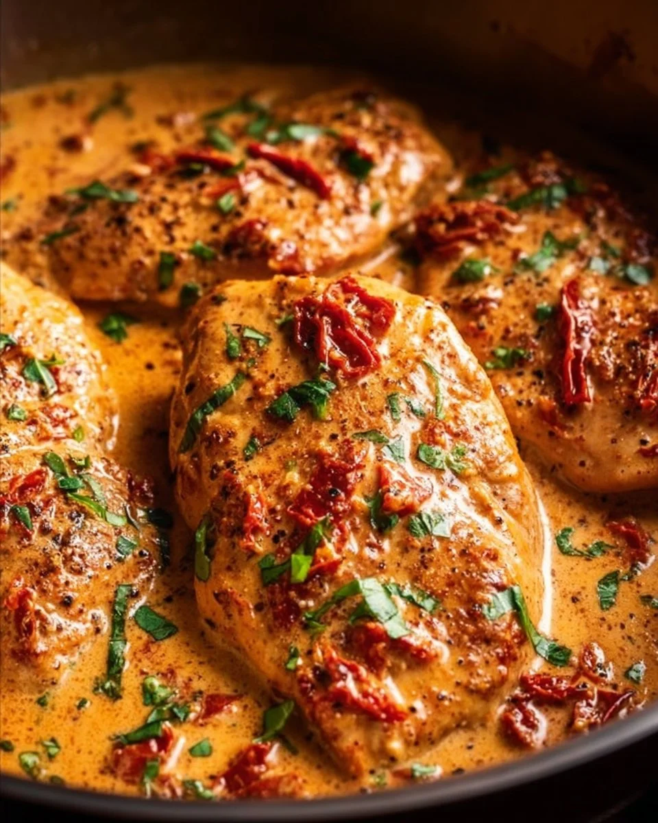 Plate of creamy sun-dried tomato garlic chicken garnished with herbs.