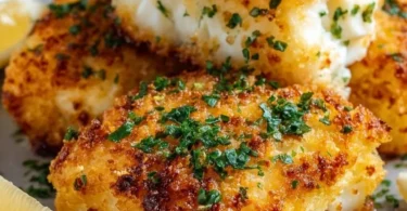 Crispy Air Fryer Parmesan Cod served on a plate with fresh herbs