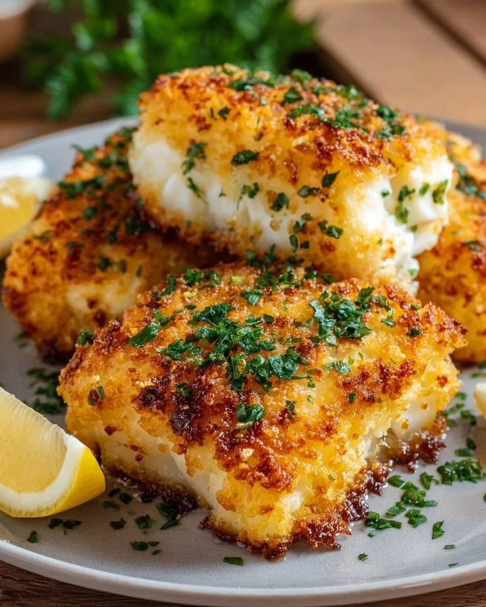 Crispy Air Fryer Parmesan Cod served on a plate with fresh herbs