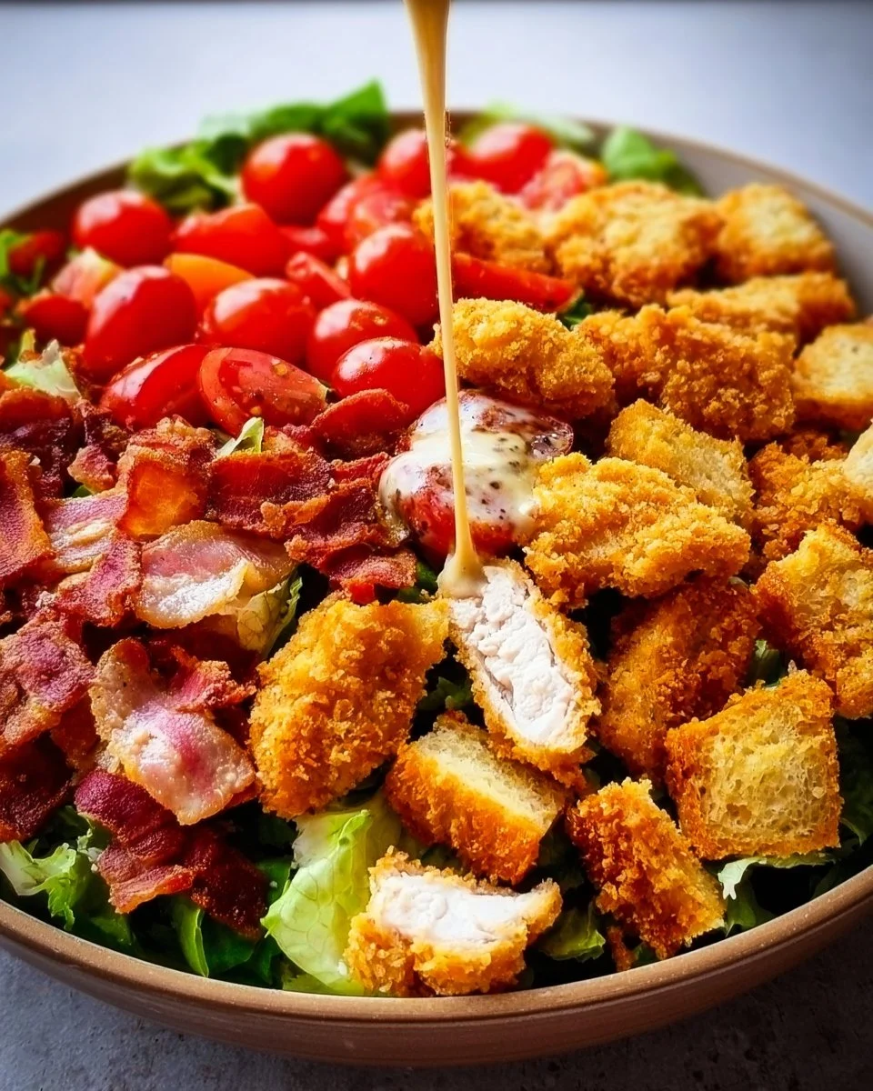 Crispy Chicken BLT Salad with lettuce, tomatoes, and bacon on a plate