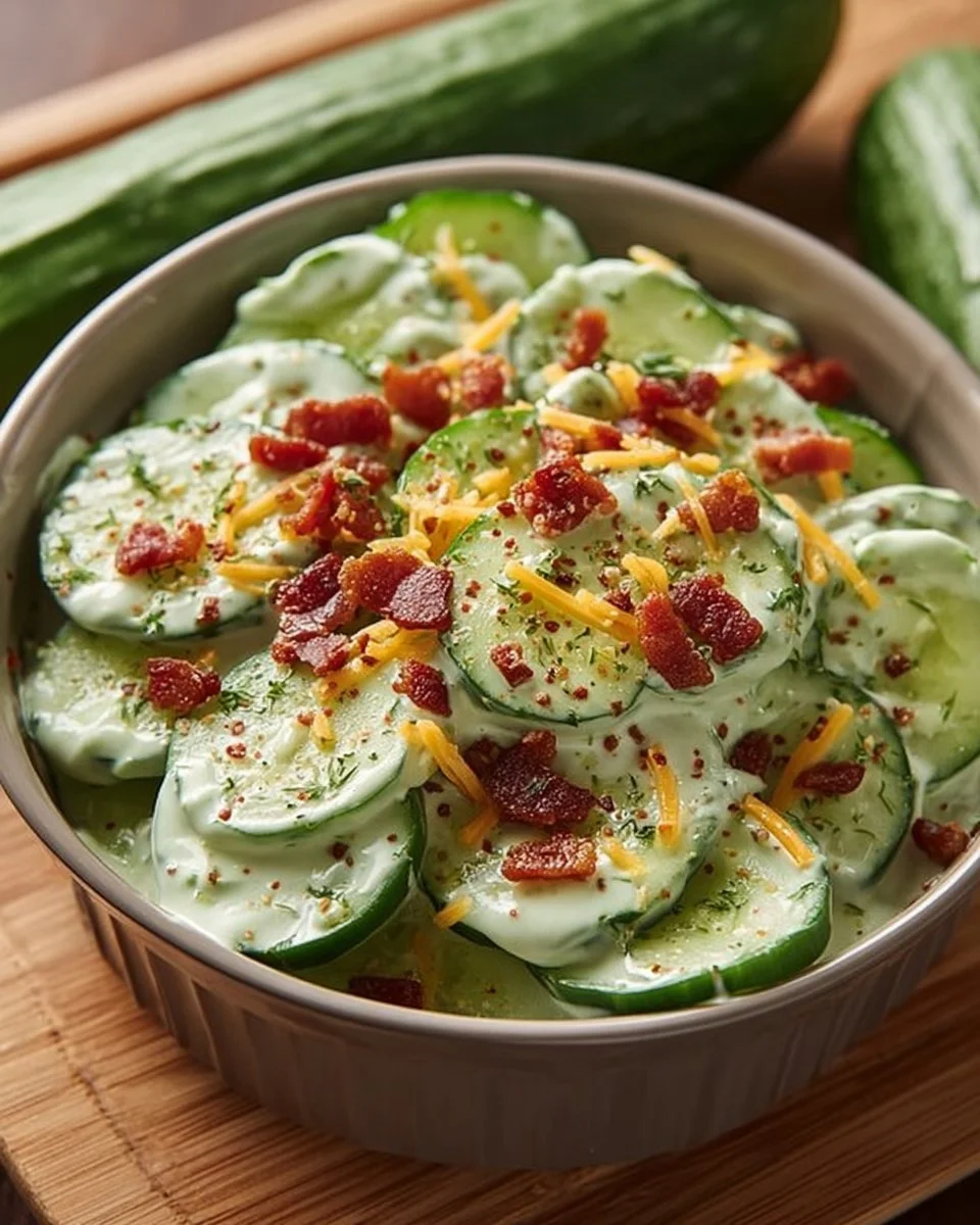 Crispy cucumber snack with creamy avocado ranch dressing.