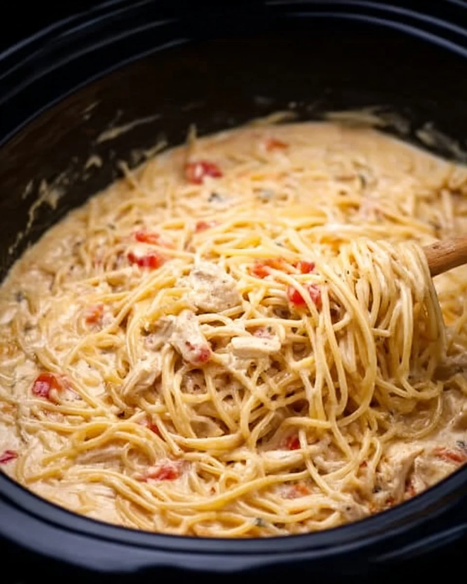 Crock Pot Cheesy Chicken Spaghetti with cheese and chicken in a pot