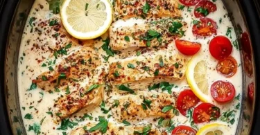 Delicious Crockpot Creamy Garlic Parmesan Chicken cooked to perfection