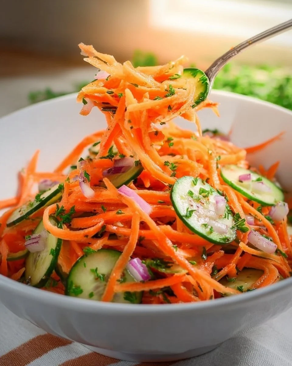 Fresh and colorful Cucumber Carrot Salad served in a bowl