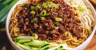Bowl of spicy Dan Dan Noodles topped with minced meat and green onions