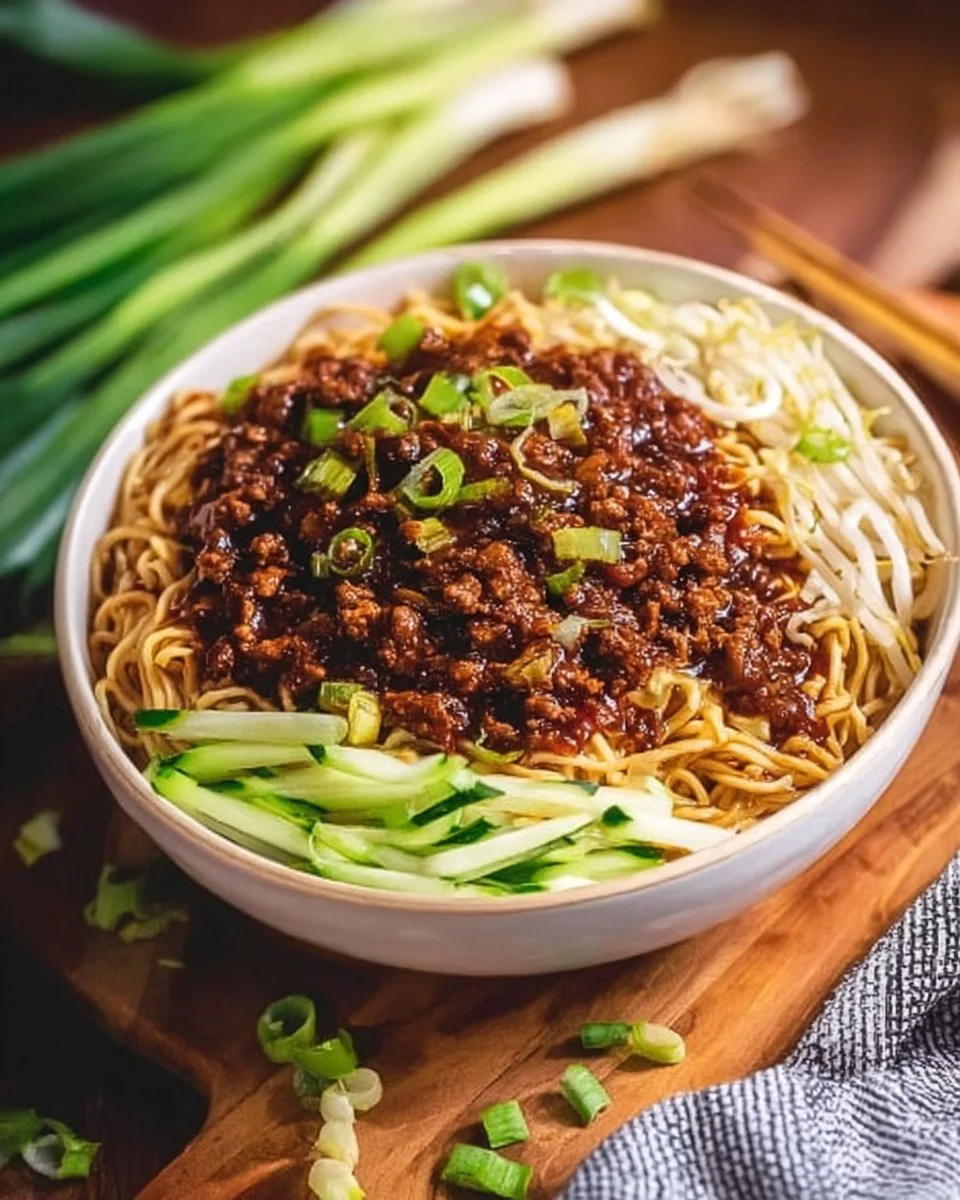 Bowl of spicy Dan Dan Noodles topped with minced meat and green onions