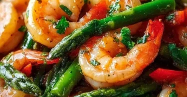 Shrimp and asparagus stir fry in a colorful bowl with sesame seeds
