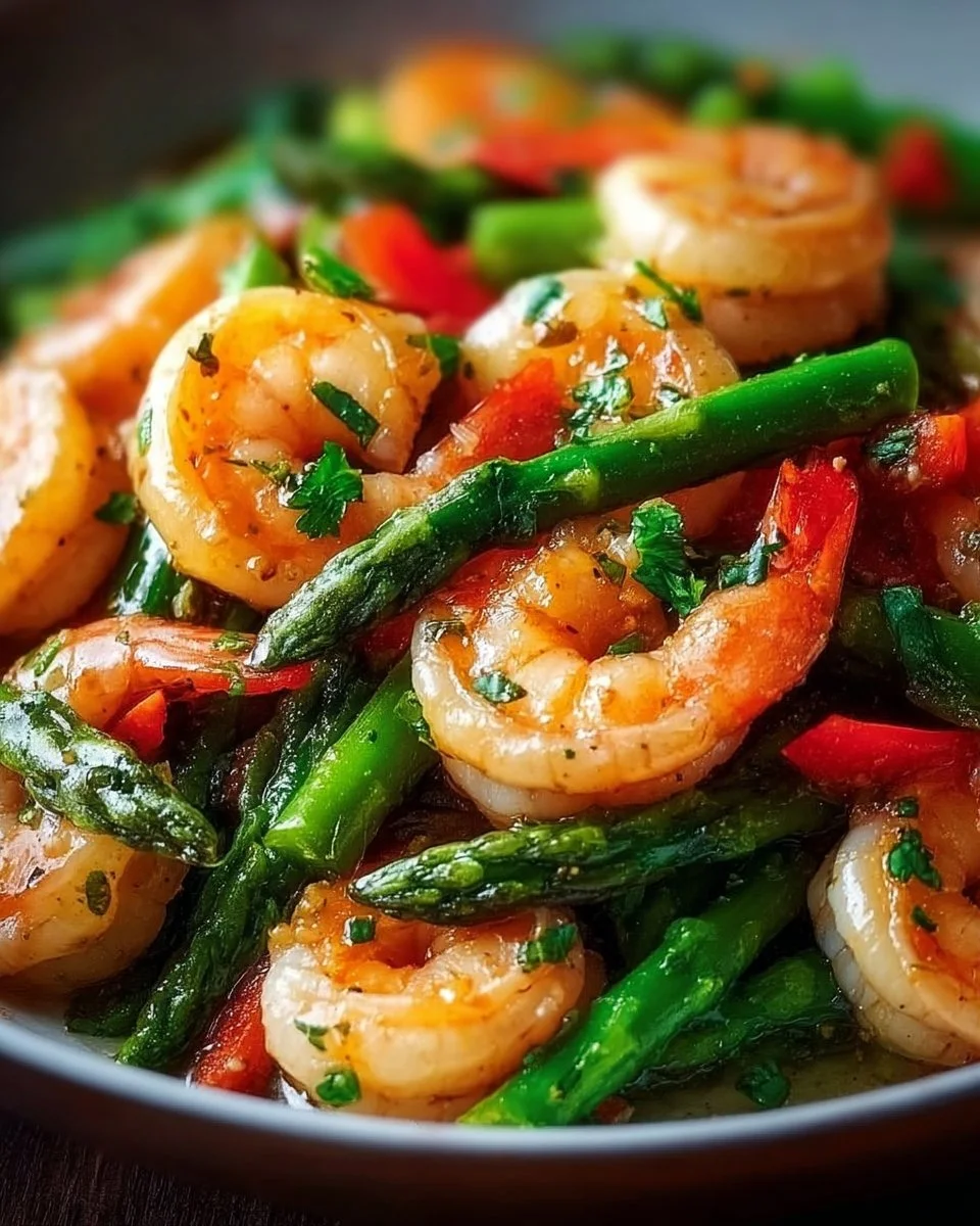 Shrimp and asparagus stir fry in a colorful bowl with sesame seeds