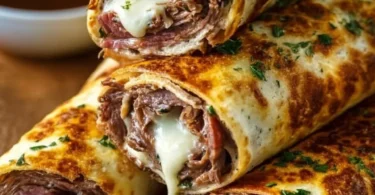 Delicious French Dip Tortilla Roll Ups served with au jus for dipping