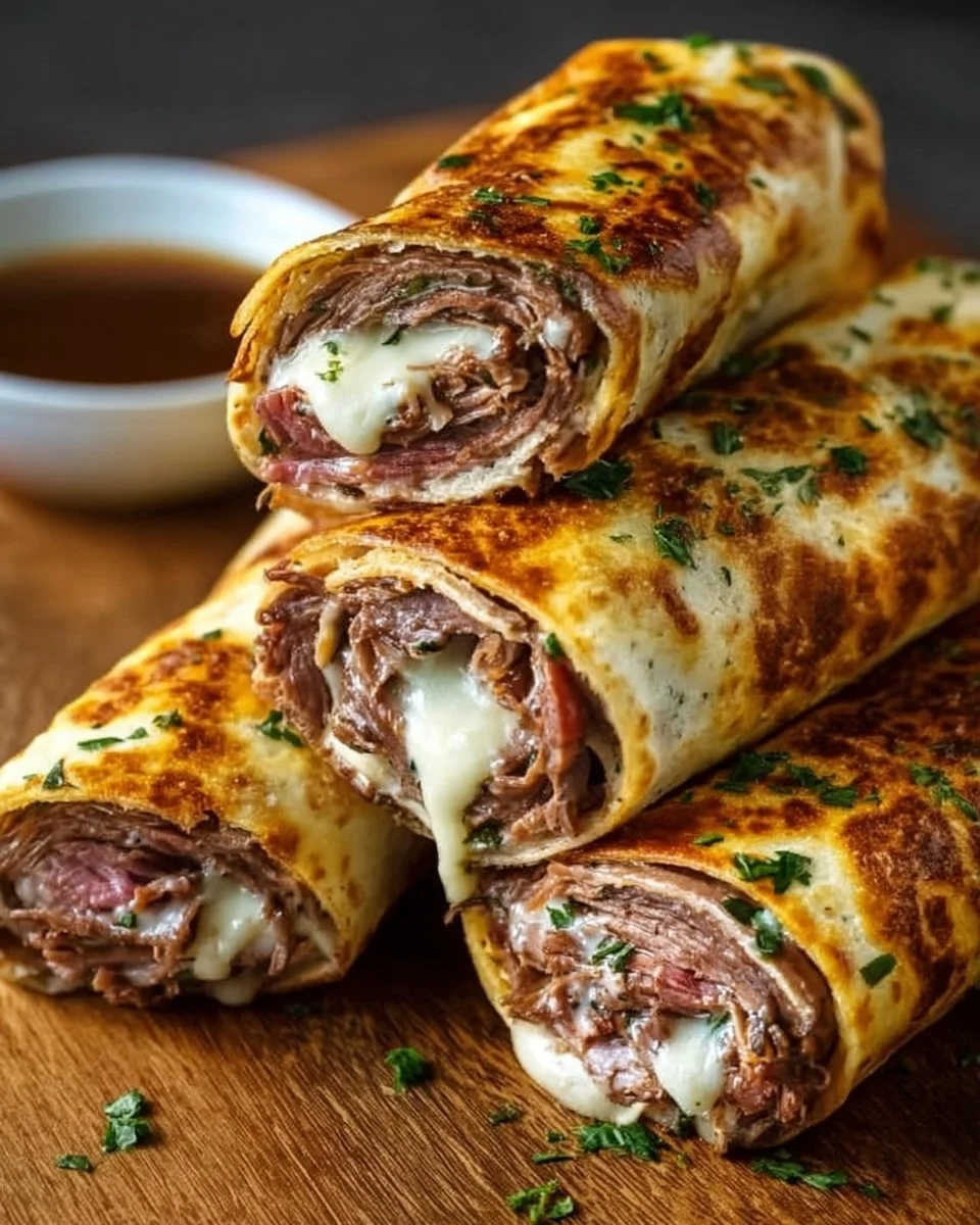 Delicious French Dip Tortilla Roll Ups served with au jus for dipping