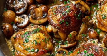 Plate of garlic mushroom chicken thighs garnished with herbs