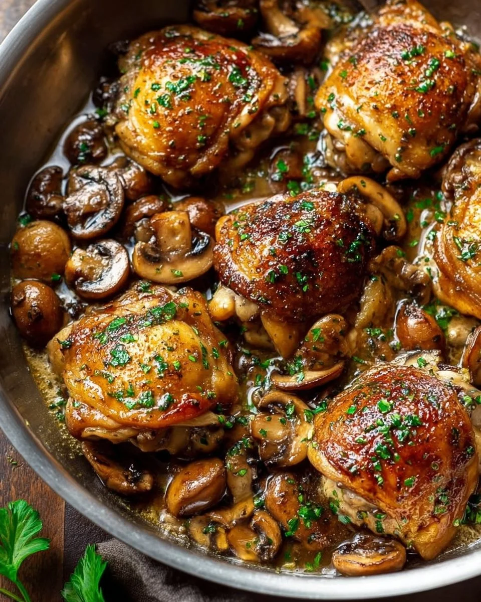 Plate of garlic mushroom chicken thighs garnished with herbs