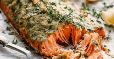 Dijon Baked Salmon on a plate, garnished with herbs and lemon