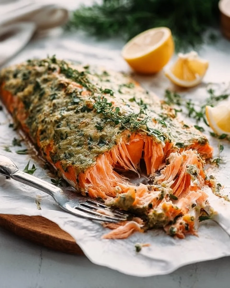 Dijon Baked Salmon on a plate, garnished with herbs and lemon