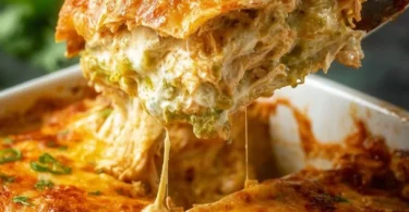 Delicious easy chicken enchilada casserole served in a baking dish