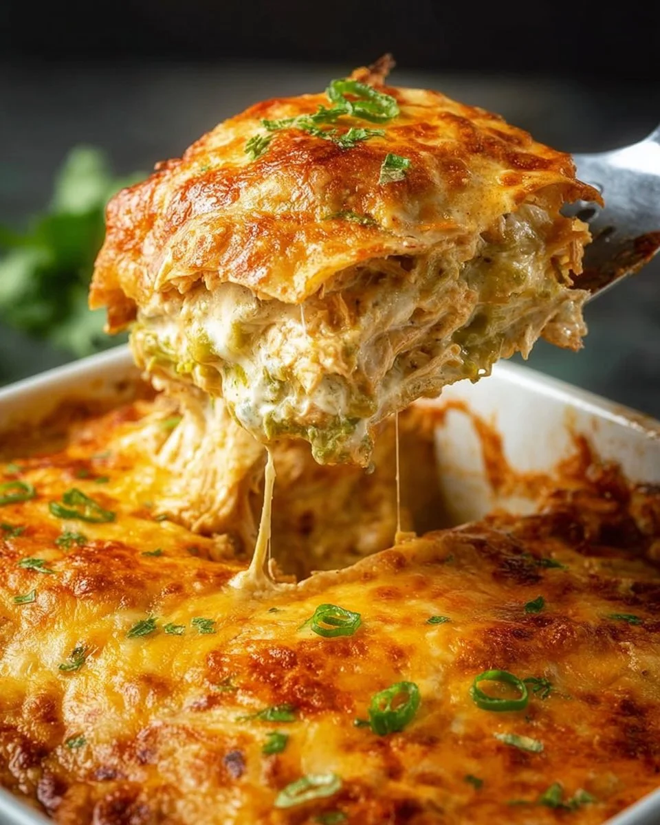 Delicious easy chicken enchilada casserole served in a baking dish