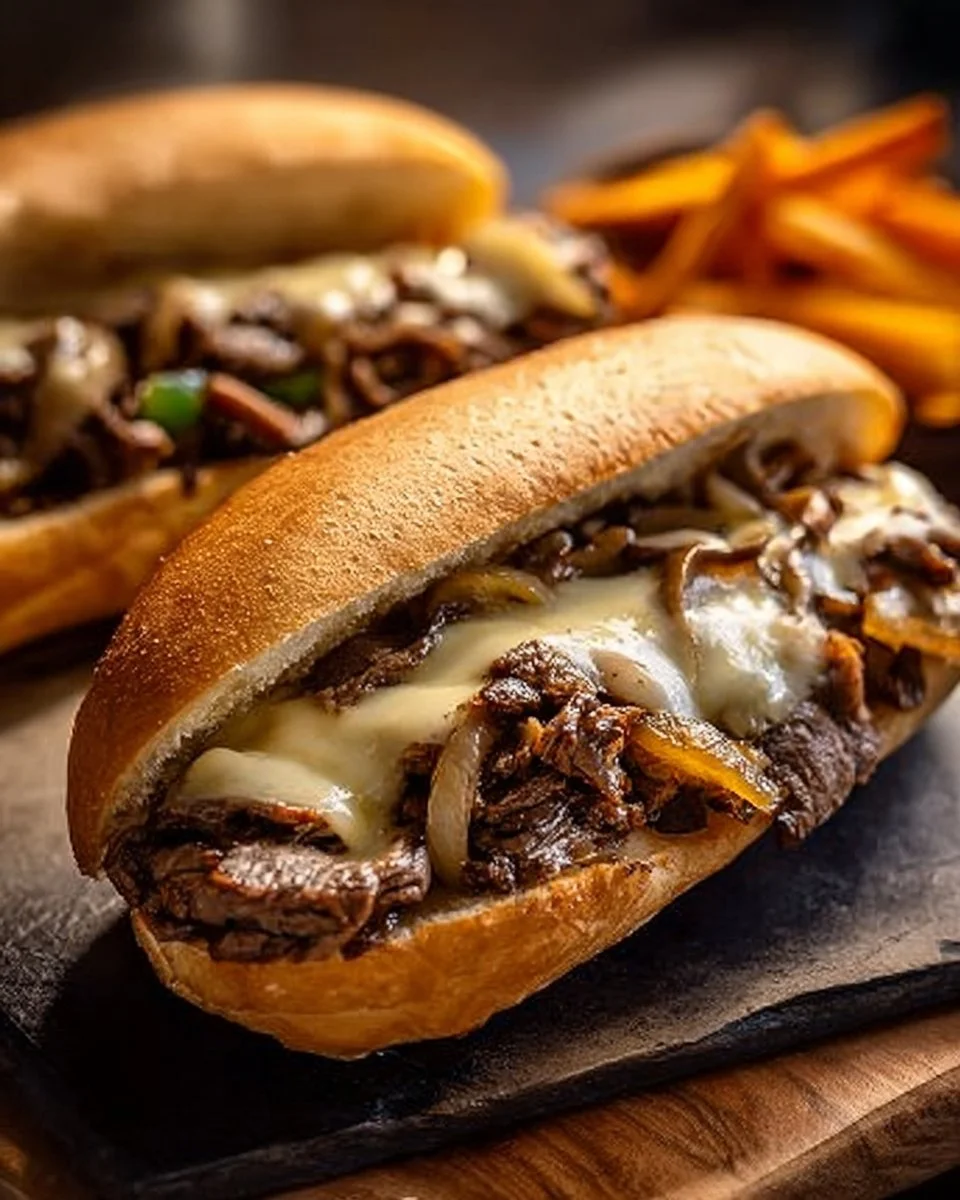 Delicious slow cooker Philly Cheesesteak served with melted cheese and peppers.