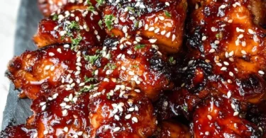 Delicious Bourbon Chicken served at a food court with flavorful sauce and garnishes.