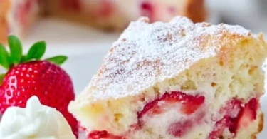 Delicious French Strawberry Cake topped with fresh strawberries