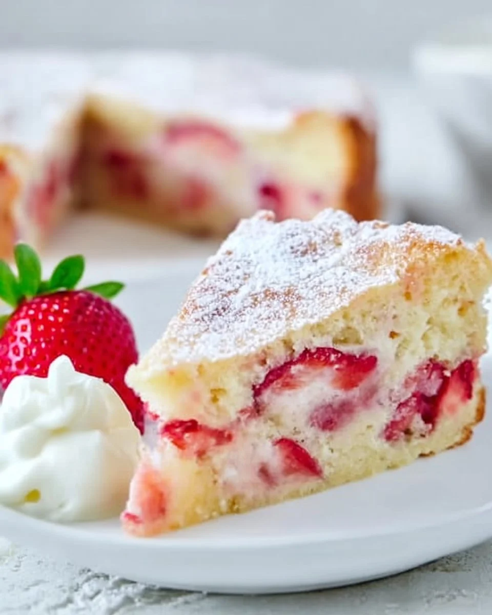 Delicious French Strawberry Cake topped with fresh strawberries
