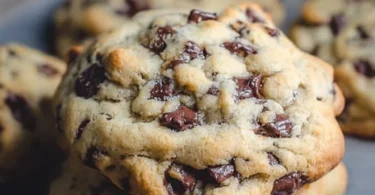 A giant chocolate chip cookie freshly baked, showcasing gooey chocolate chips.