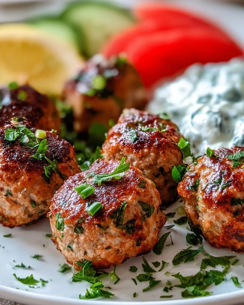 Plate of Greek turkey meatballs with tzatziki sauce and garnishes