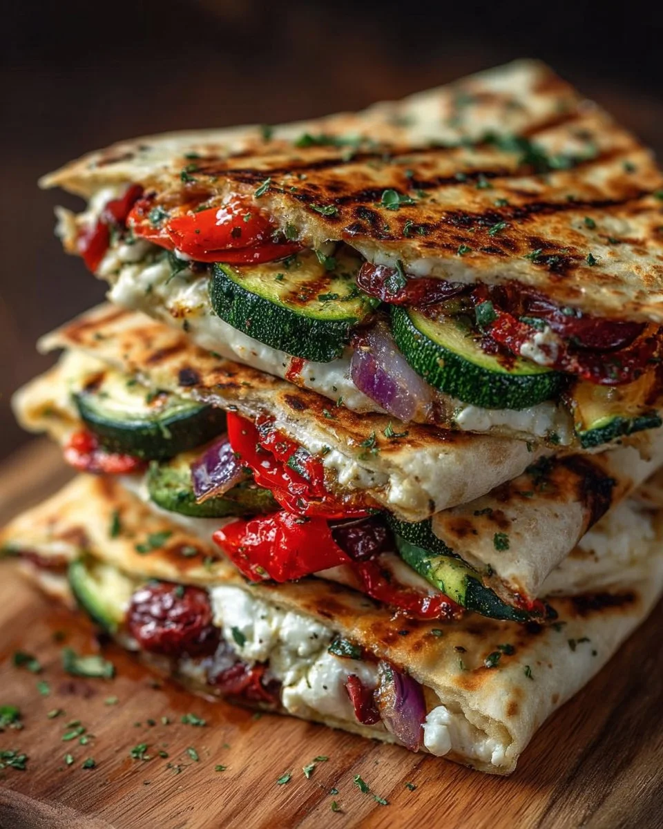 Grilled Mediterranean veggie quesadillas with colorful vegetables and melted cheese