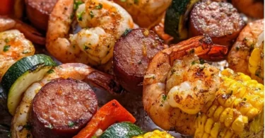 Delicious grilled seafood skewers with shrimp and vegetables on a skewer