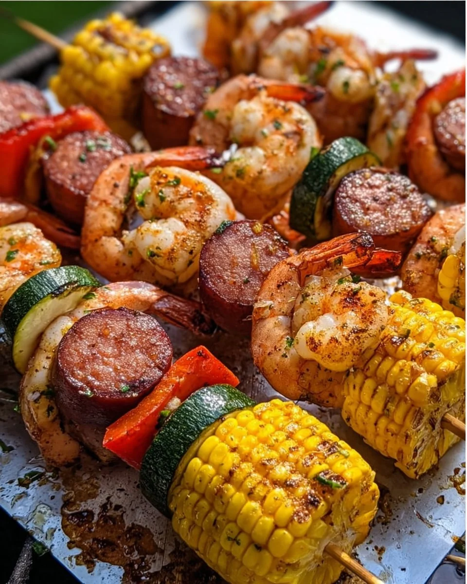 Delicious grilled seafood skewers with shrimp and vegetables on a skewer