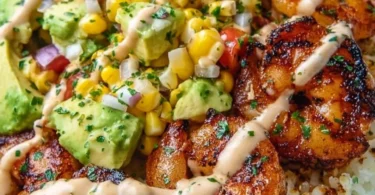 Grilled shrimp bowl with avocado corn salsa for a fresh and healthy meal.