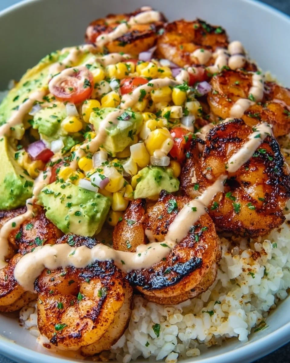 Grilled shrimp bowl with avocado corn salsa for a fresh and healthy meal.