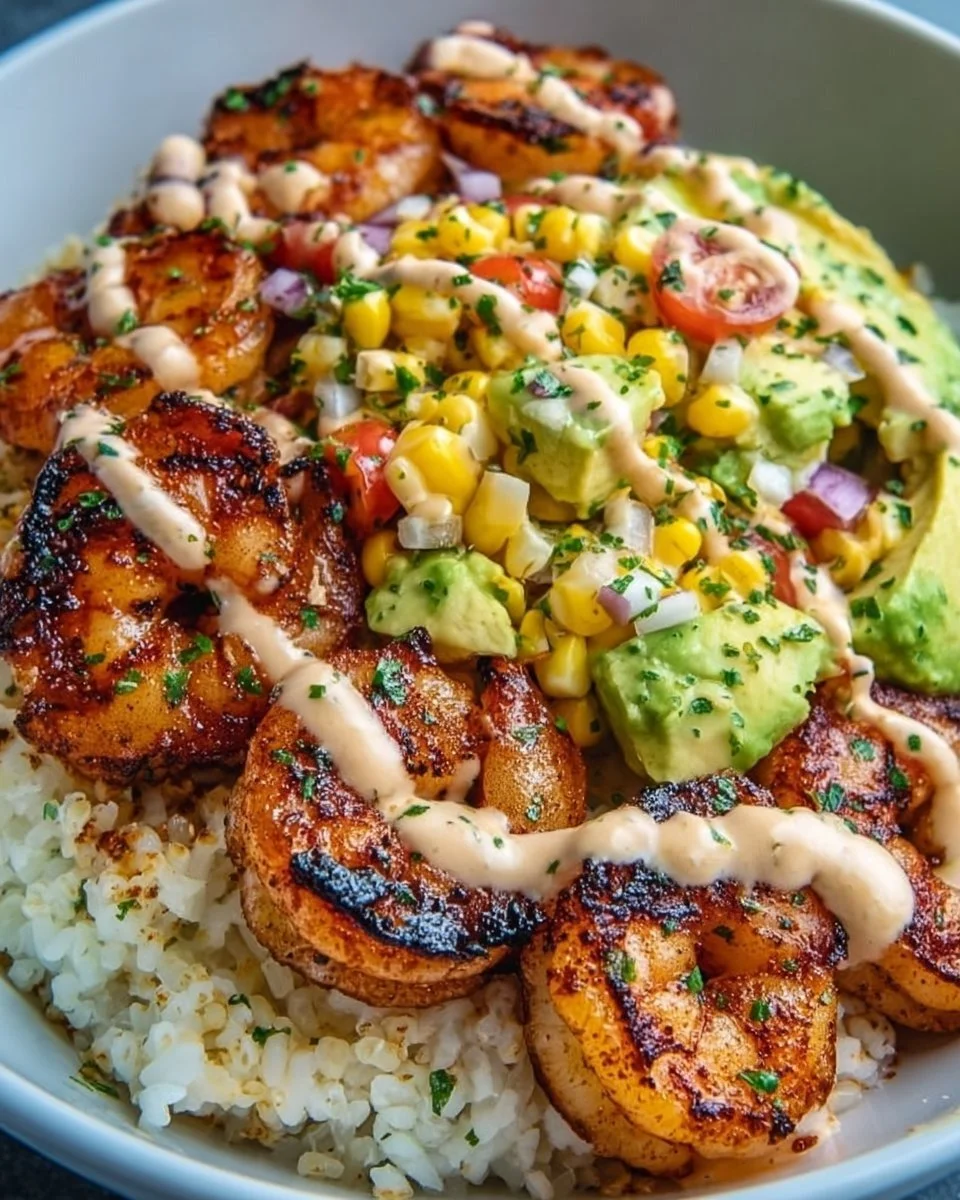 Grilled Shrimp Bowl with Avocado Corn Salsa