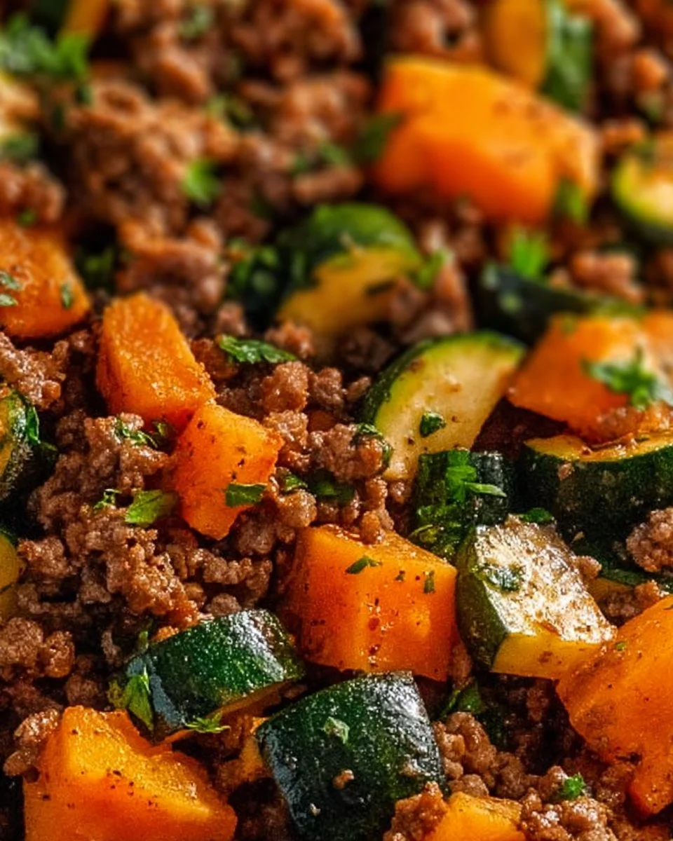 Ground beef zucchini sweet potato skillet cooked in a frying pan