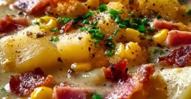 Bowl of ham and potato corn chowder topped with herbs and served warm.