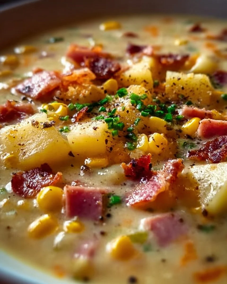 Bowl of ham and potato corn chowder topped with herbs and served warm.