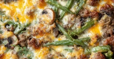A delicious serving of Hamburger Green Bean Casserole with layers of flavor