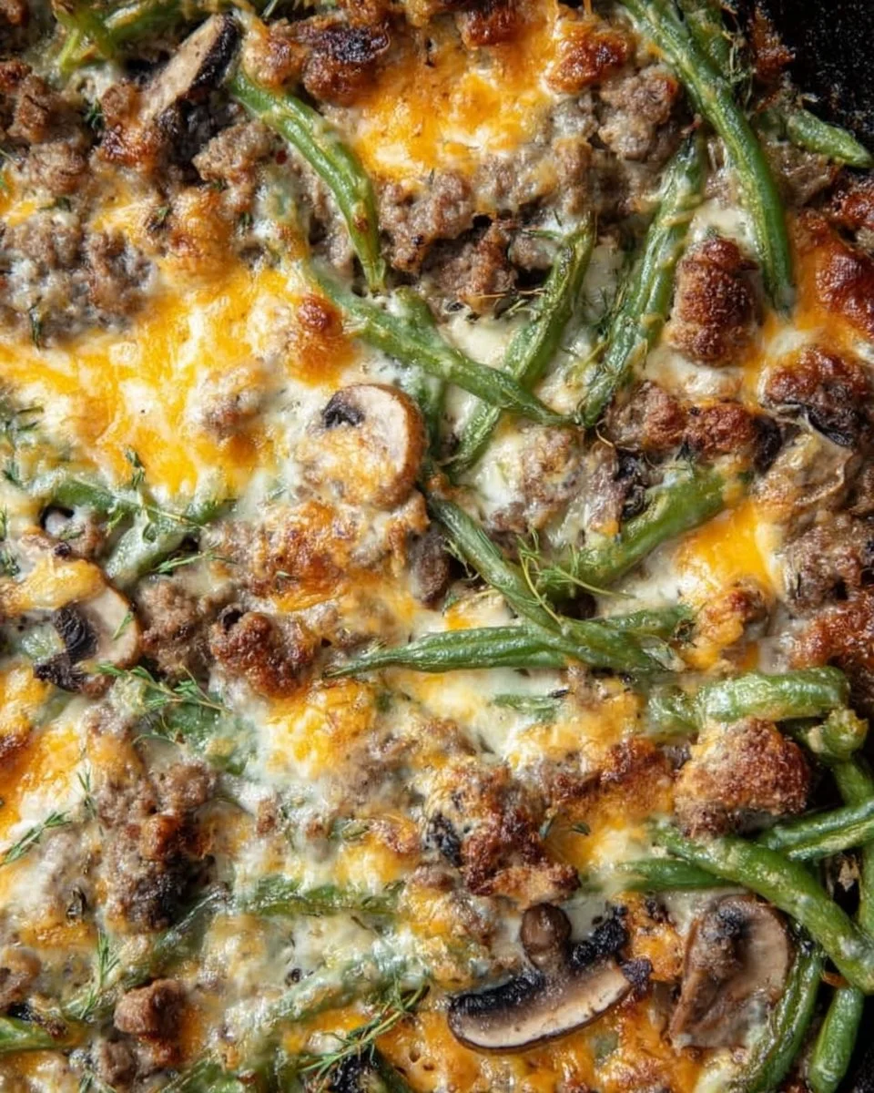 A delicious serving of Hamburger Green Bean Casserole with layers of flavor