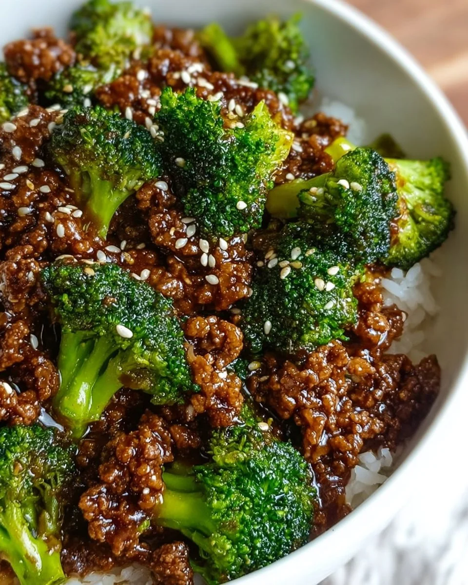 Plate of hamburger meat and broccoli stir-fry on a wooden table