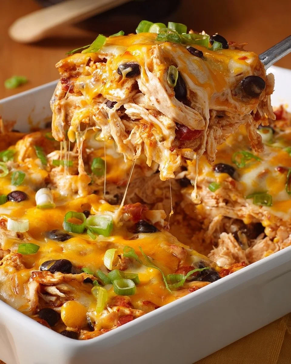 Healthy chicken taco casserole dish served in a bowl with toppings