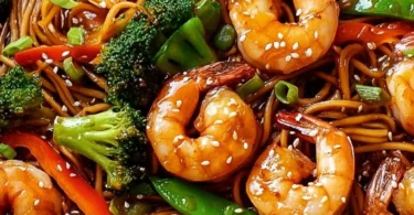 High-protein shrimp stir fry with noodles in a one-pan dish