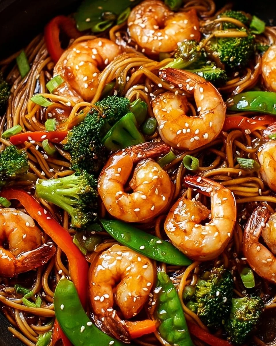 High-protein shrimp stir fry with noodles in a one-pan dish