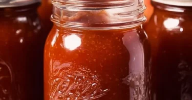 Bowl of homemade barbecue sauce on a wooden table with fresh ingredients