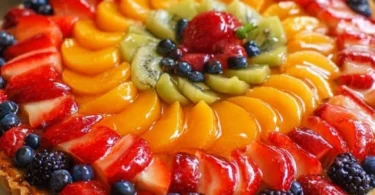 Homemade fruit tart decorated with vibrant, fresh fruits on a buttery crust.