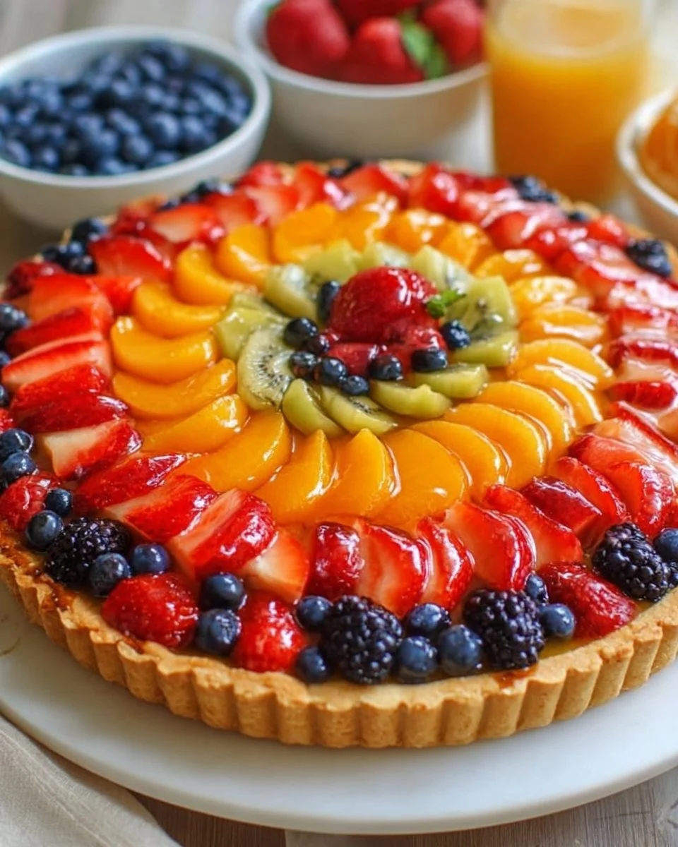 Homemade fruit tart decorated with vibrant, fresh fruits on a buttery crust.